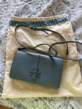 Tory Burch Teal Pebbled Leather Crossbody Bag with Logo